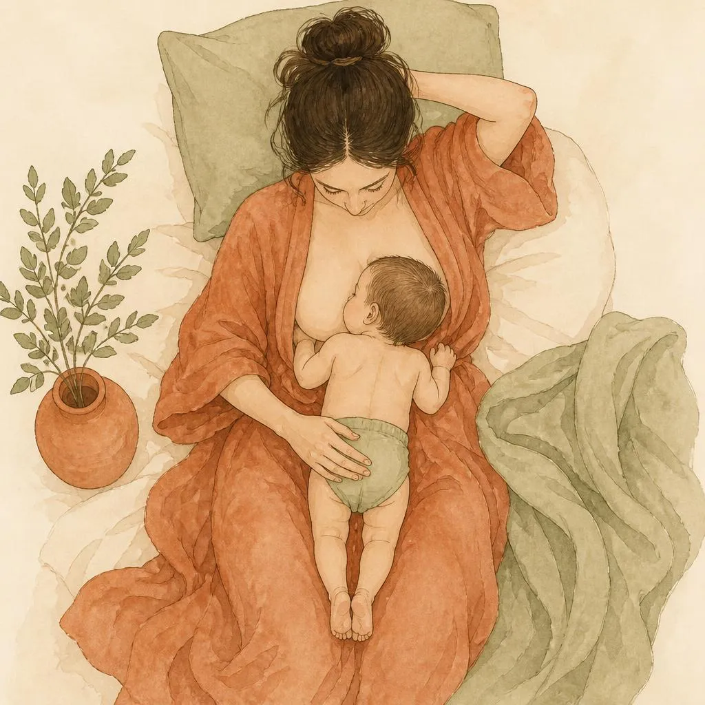 Ilustração de mãe e bebê posicionados barriga com barriga durante a mamada