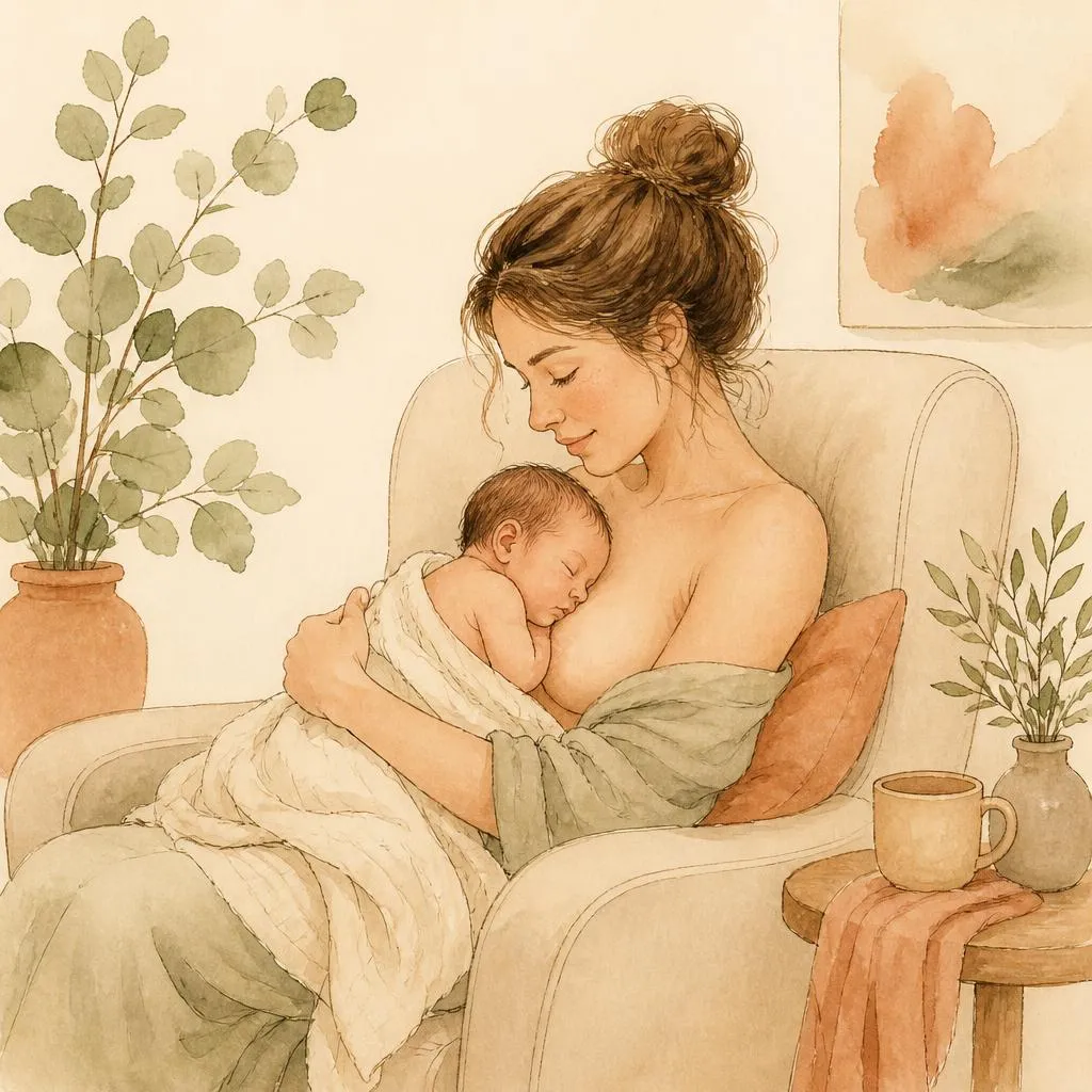 Ilustração de mãe amamentando o bebê em uma poltrona