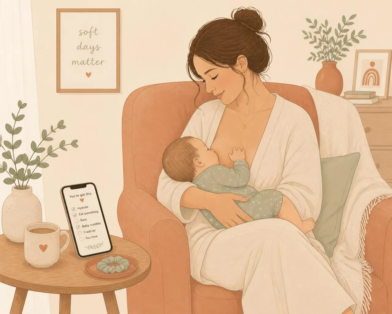 Mãe amamentando o bebê com o celular ao lado mostrando um checklist